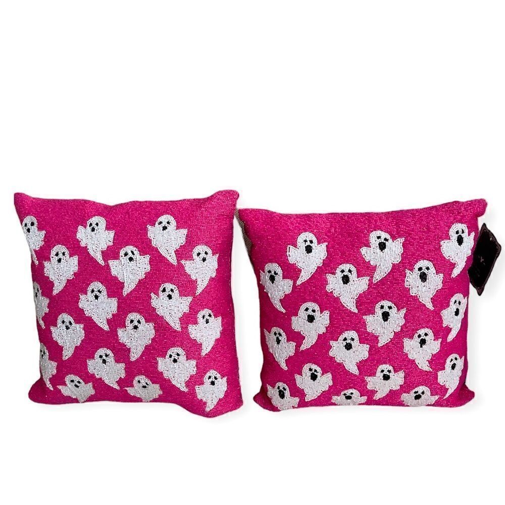 Two Well Dressed Home Beaded Ghost Pillows Hot Pink Tiktok Halloween NWT